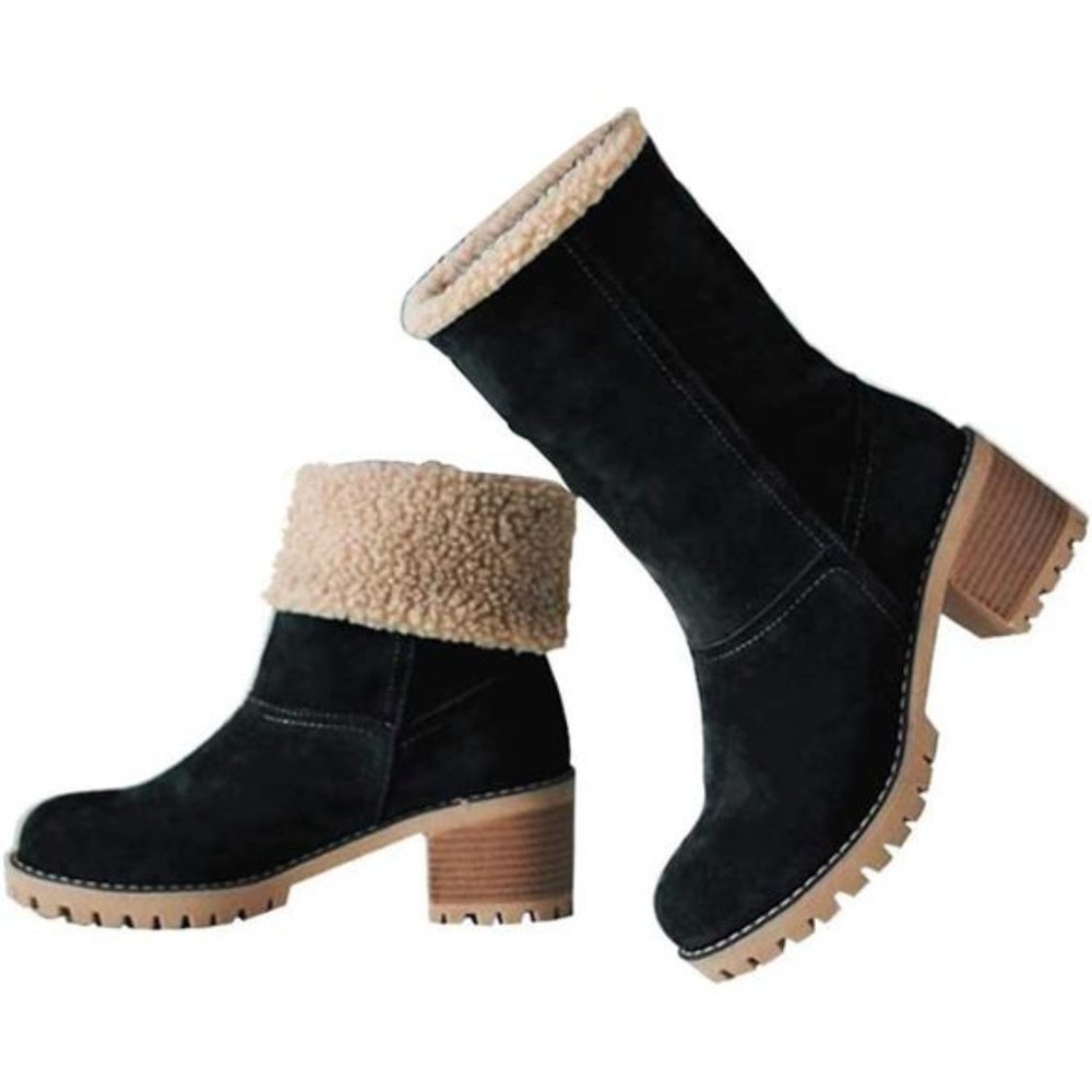 Women's Winter Boots Slip On Mid Chunky Heel Suede Warm Snow Ankle Boots, Black - Picture 1 of 5